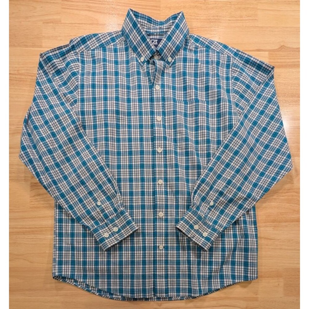 Cutter & Buck Men’s Medium Long Sleeve Button Down Shirt Blue White Plaid Cotton